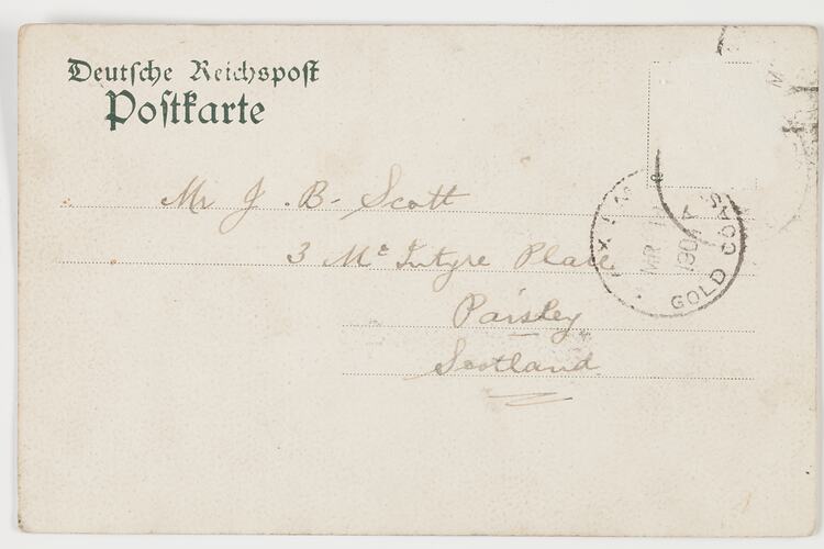 Postcard - Basler Missionsstation Buea, Gruss aus Kamerun, To J. B. Scott, S. S. Glenda, 10 Mar 1904