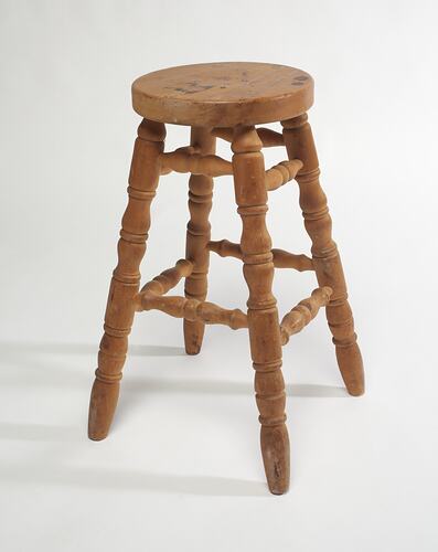 Stool - Wooden, Four Turned Legs, Adolph Bruhn & Son, South Melbourne, Victoria, circa 1970s-1980s