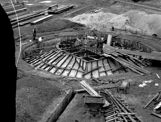 [The foundations for the chimney at the briquette works, Yallourn, April 1923.]