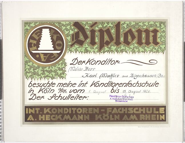 Qualifications Certificate - Karl Muffler, 1926