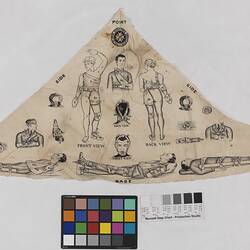 Off-white triangular cotton sling decorated with black how -to-use instructional drawings.