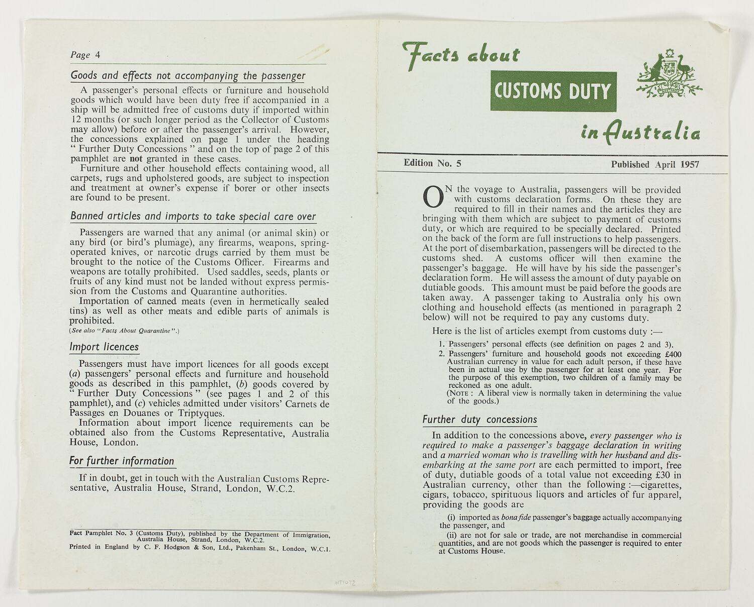 Booklet Facts About Customs Duty in Australia, 1957