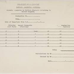 Form - Amounts Repayable by UK Migrants Returning to UK, Department of Immigration, 1950s