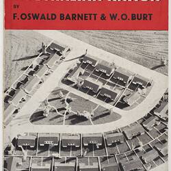 Aerial view of suburban houses. Title text printed in white and black on red banner.