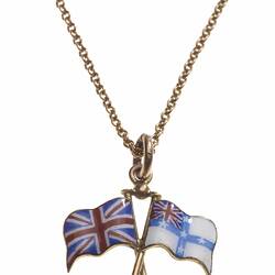 Gold necklace with enamel British and Australian Federation flag.