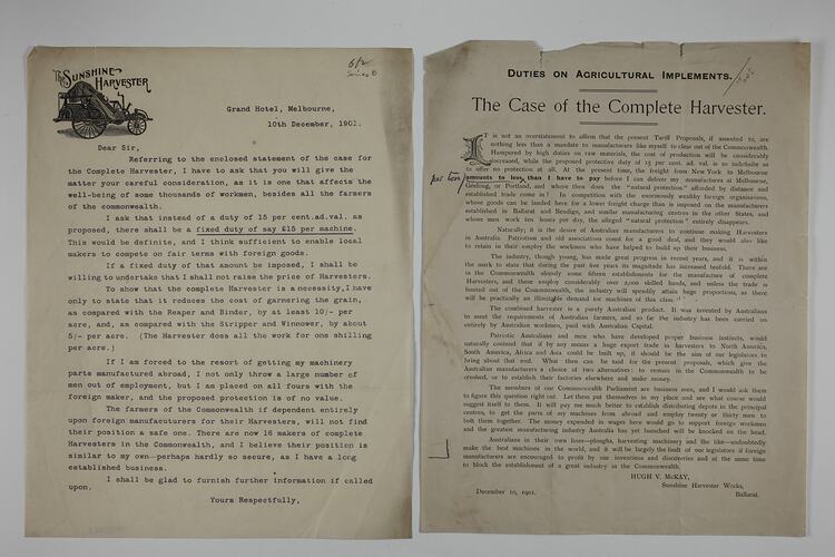 Statement - Duties on Agricultural Implements, 'The Case of the Complete Harvester', H. V. McKay, 10 Dec 1901