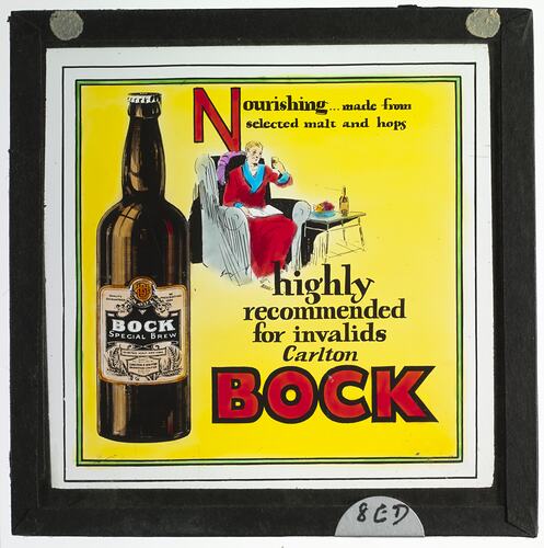 Lantern Slide - 'Carlton Bock', Coloured Advertisement, for use with BANZARE Lantern Slides & Film, circa 1929-1940