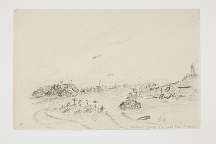 Drawing of military traffic street scene with trucks, tanks and motorbikes on off-white paper.