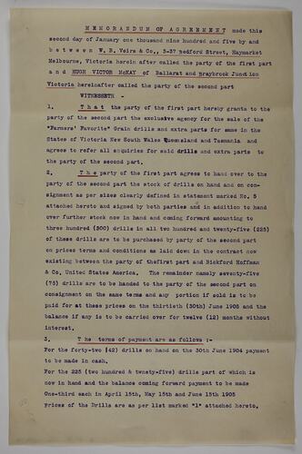 Copy of Memorandum of Agreement - W. B. Veirs & Co., H. V. McKay, Agency for 'Farmers' Favorite' Grain Drills, 2 Jan1905