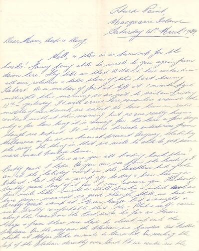 Letter - From Ian Black to Family During Expedition to Macquarie Island, 14 Mar 1959