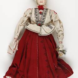 National Doll - Female with Red Skirt & Cream Jacket, Displaced Persons' Camp Craft, Germany, circa 1945-1951