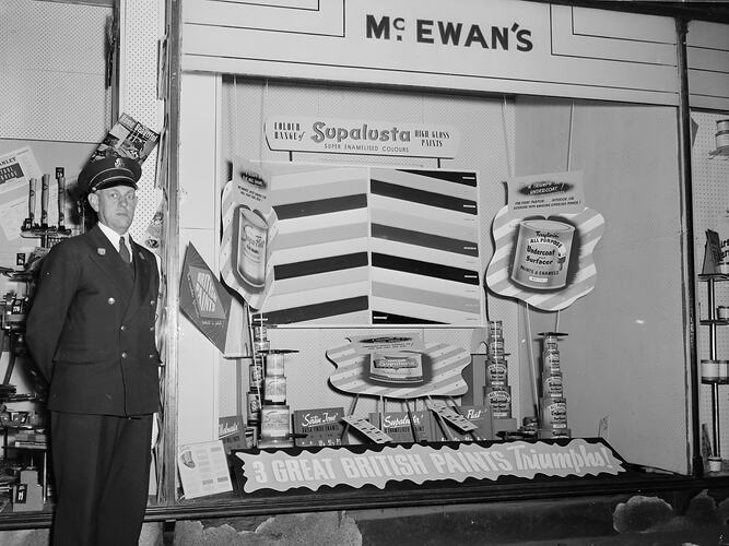 British Paints, Man Next to McEwan's Hardware Window Display, Victoria, Nov 1954