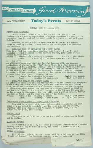 Information Sheet - P&O SS Stratheden, 'Today's Events', Bay of Bengal, 28 Nov 1961