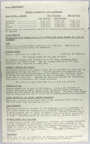 Notice - SS 'Stratheden' General Information for Passengers