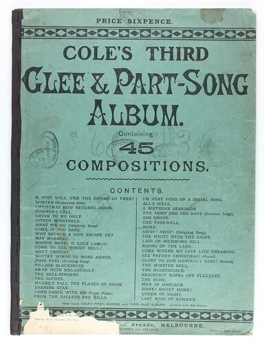 Cover of song book with extensive text.