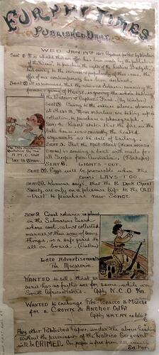 Written text with two illustrations of soldiers on off-white paper.