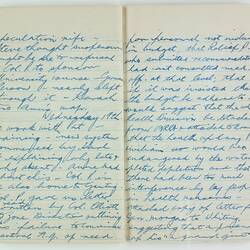 Open book, 2 cream pages dated Wednesday 19th. Cursive handwritten text in blue ink. Page 112 and 113.