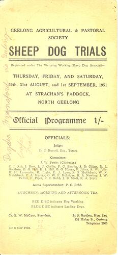 Program - Geelong Agricultural & Pastoral Society, 'Sheep Dog Trials', 1951