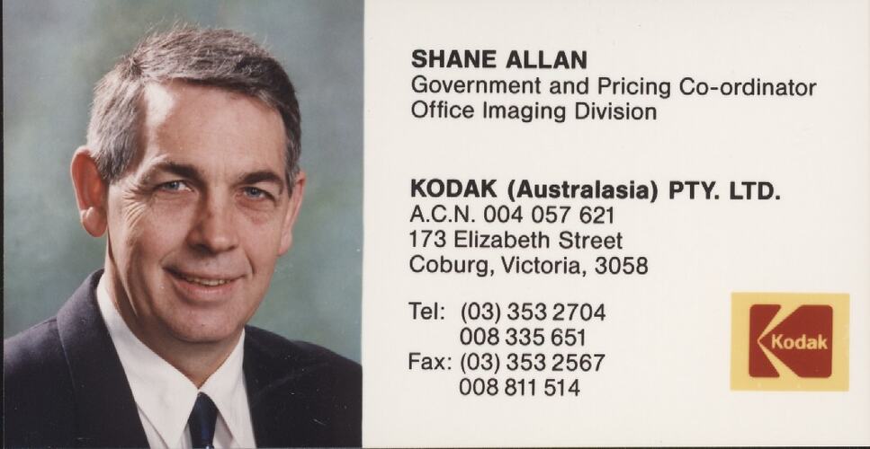 Business Card - Shane Allan, Government & Pricing Co-Ordinator, Office Imaging Division, Kodak Australasia Pty Ltd, Coburg, circa 1990s