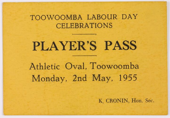 Player's Pass - Toowoomba Labour Day Celebrations, 1955