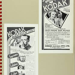 Scrapbook - Kodak Australasia Pty Ltd, Advertising Materials, 'Pre-War Press & Magazine Sample Advertisements', Abbotsford, circa 1930s
