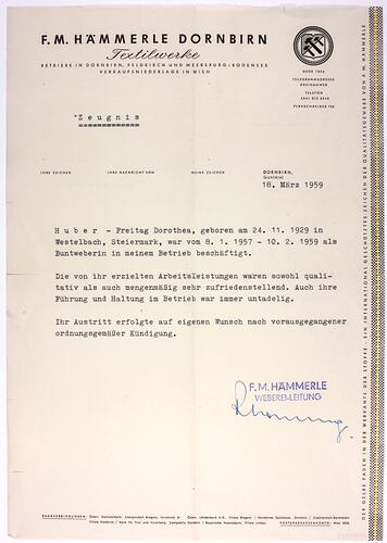 Employment Reference - F.M. Hammerle, Dorothea Huber-Freitag, Dornbirn, Austria 18 Mar 1959