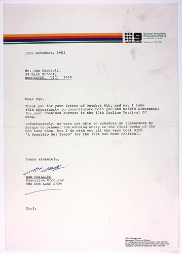 Letter - GTV Channel Nine to Ugo Ceresoli, 15 Nov 1983