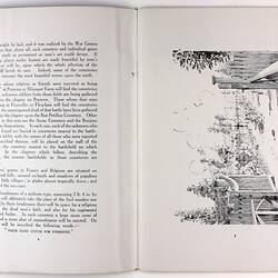 Open book page with printed text on right page and illustration of graveyard entry gates on left page.