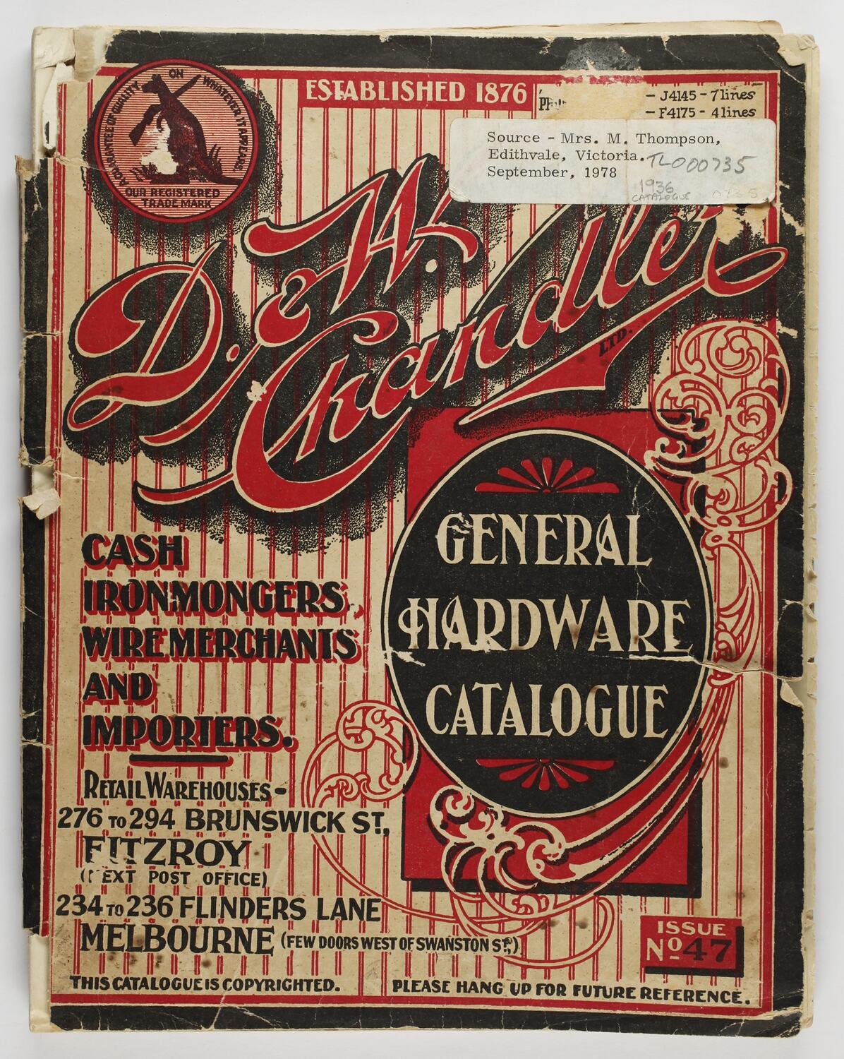 Catalogue D.& W. Chandler, General Hardware Catalogue, Issue No.47, 1936