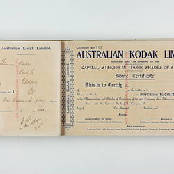 Share Certificate Book - Kodak Archive, Series 7, 'Shares & Shareholders', Australian Kodak Limited Share Certificates, Book 1, 1908-1911