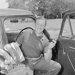 Philips Electrical Industries, Golfer with Shaver, Mordialloc, Victoria, 19 Nov 1959