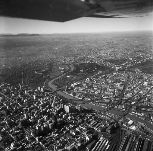 Monochrome aerial photograph of Melbourne.