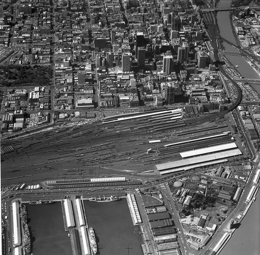 Monochrome aerial photograph of Melbourne.