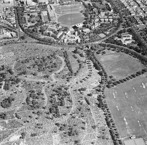 Monochrome aerial photograph of Melbourne.