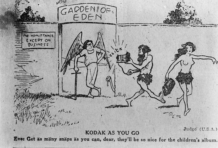 Cartoon of Adam and Eve leaving Garden of Eden.