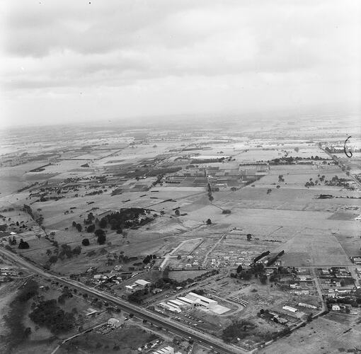 Monochrome aerial photograph of Noble Park and Dandenong.