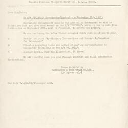 Letter - British Assisted Passage Scheme, John & Barbara Woods, Navigation & Coal Trade Co., London, Sep 1957