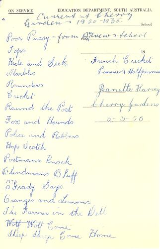 Handwritten list in blue ink on paper