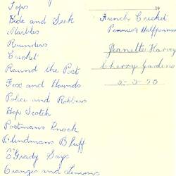 Document - Jeanette Harvey, to Dorothy Howard, List of Games & Some Descriptions, 3 Mar 1955