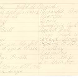 Document - Juliet De Ruyscher, to Dorothy Howard, List of Games, 1955