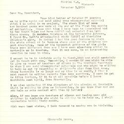 Letter - Dorothy Howard, to Charles Mountford, Discussion Regarding Provision of Checklist of Games & Request for Contacts, 1 Nov 1954