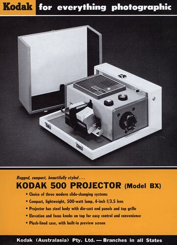 Printed page with text and photograph of projector.