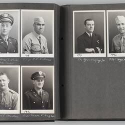 Open photo album with twelve photographs of men in military uniform.