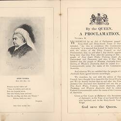 Open booklet, white pages with black printed text. Queen Victoria on left.