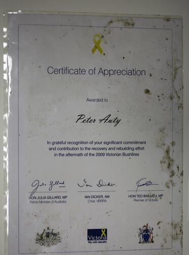 Certificate - Certificate of Appreciation, Peter Auty, Flowerdale, 2009