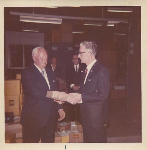Photograph - Ron Williamson Presenting Retirement Gift to Bill Hayes, Collins Street, 31 Mar 1971