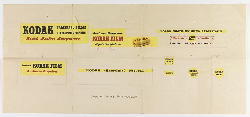 Poster - Kodak Australasia Pty Ltd, 'Rough Sketches Only For Burnley Signs', 1950-1951