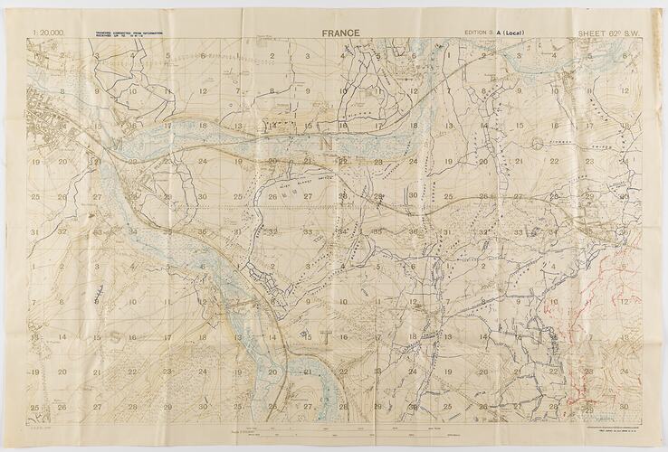 Map, printed in blue and brown ink on off-white cloth-backed paper. Degrees along axes.