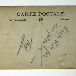 Back of photograph with postcard proforma and hand-writing.