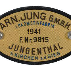 Locomotive Builders Plate - Arnold Jung Lokomotivfabrik GmbH, Jungenthal, Germany, 1941